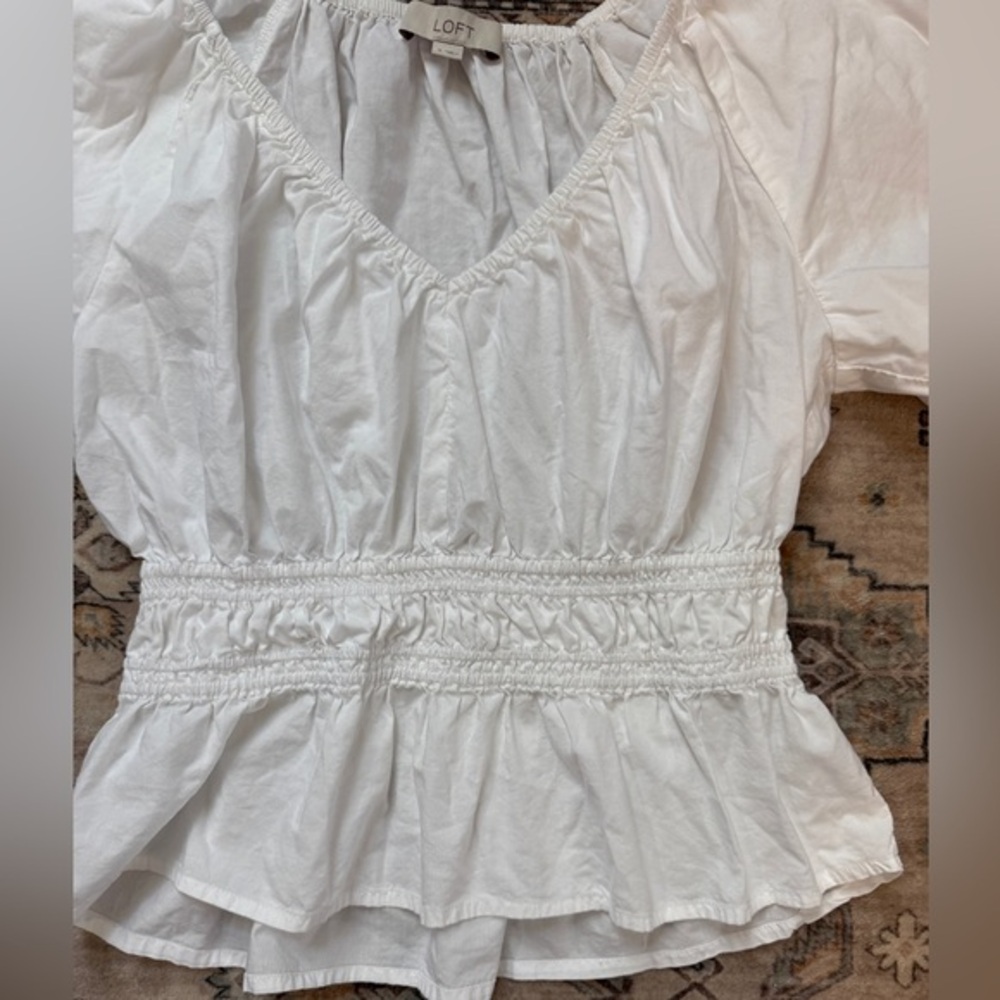 LOFT‎ White Puff Sleeve Smocked Peplum Top - Boho Coquette Cottagecore -Small - Picture 6 of 9